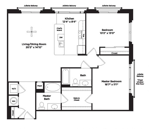 Floor plan for 2 beds, 2 baths, 1160 sqft